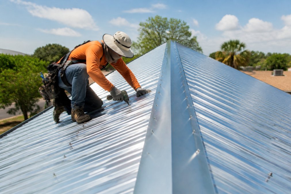 A roofing contractor installing metal roofing panels on a residential home under bright sunlight, the reflective silver surface of the metal sheets catching direct light while the installer works along the ridge