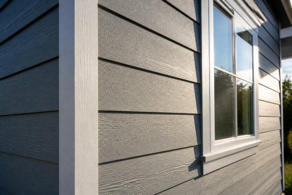 Close-up of a home exterior showing freshly installed fiber cement siding panels with crisp painted trim details, photographed in natural afternoon daylight with shadow lines emphasizing the panel texture
