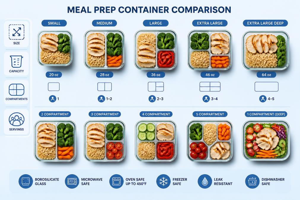 Overhead view of various glass meal prep containers with different sizes and compartment designs arranged on a clean kitchen counter, filled with colorful prepped foods including grilled chicken, steamed broccoli, brown rice, and fresh vegetables, showing diverse storage options for family meal planning