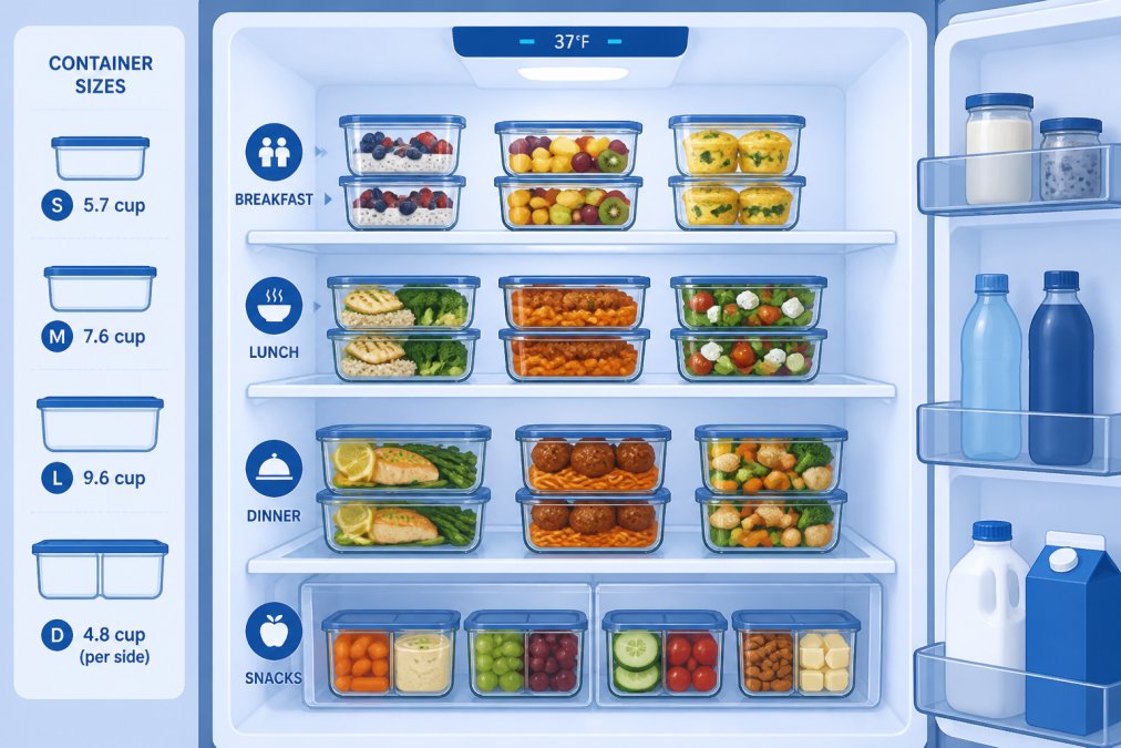 Interior view of a well-organized refrigerator with glass meal prep containers neatly stacked and arranged on multiple shelves, showing various sizes and compartment designs with colorful prepared foods visible inside, demonstrating efficient space management and family meal organization