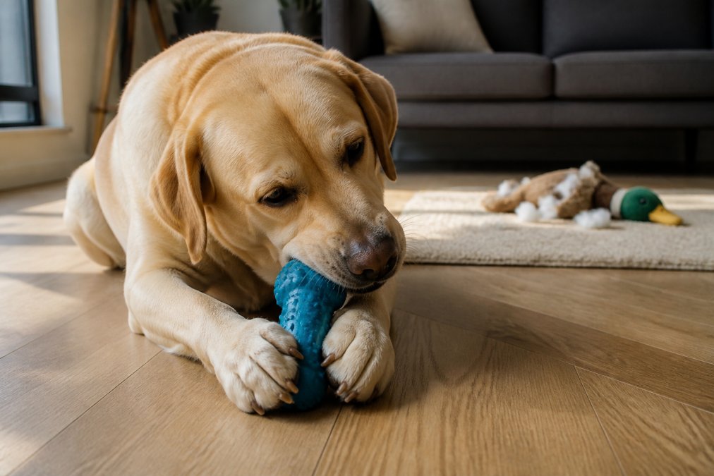 A large tan Labrador lying on a light oak living room floor, gripping a thick blue rubber chew toy between both front paws, with the shredded remains of a plush duck toy blurred in the background and soft afternoon window light across the rug