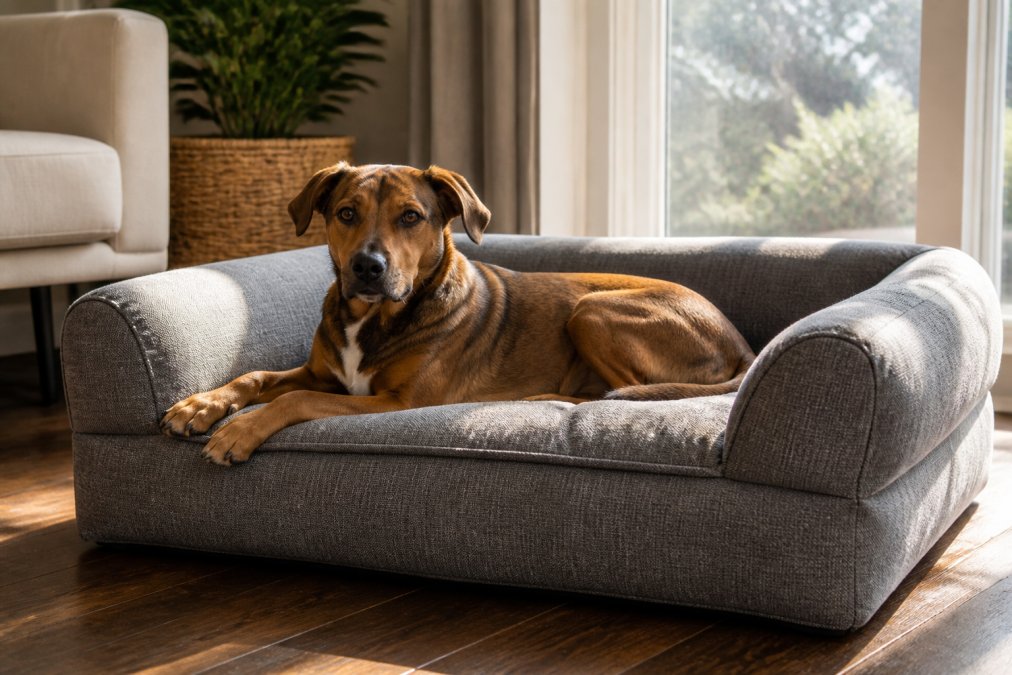 A medium-sized brown dog resting on a grey sofa-style pet bed in a bright living room, natural window light showing the sturdy woven fabric and plush cushion