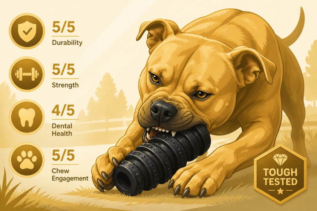 Powerful dog actively chewing on a durable black rubber toy, showing intense jaw engagement with the toy's ridged surface, natural outdoor lighting