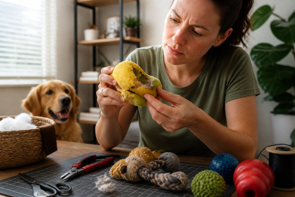 Dog owner carefully inspecting a partially chewed toy, examining torn seams and material wear patterns while holding the toy under bright natural light