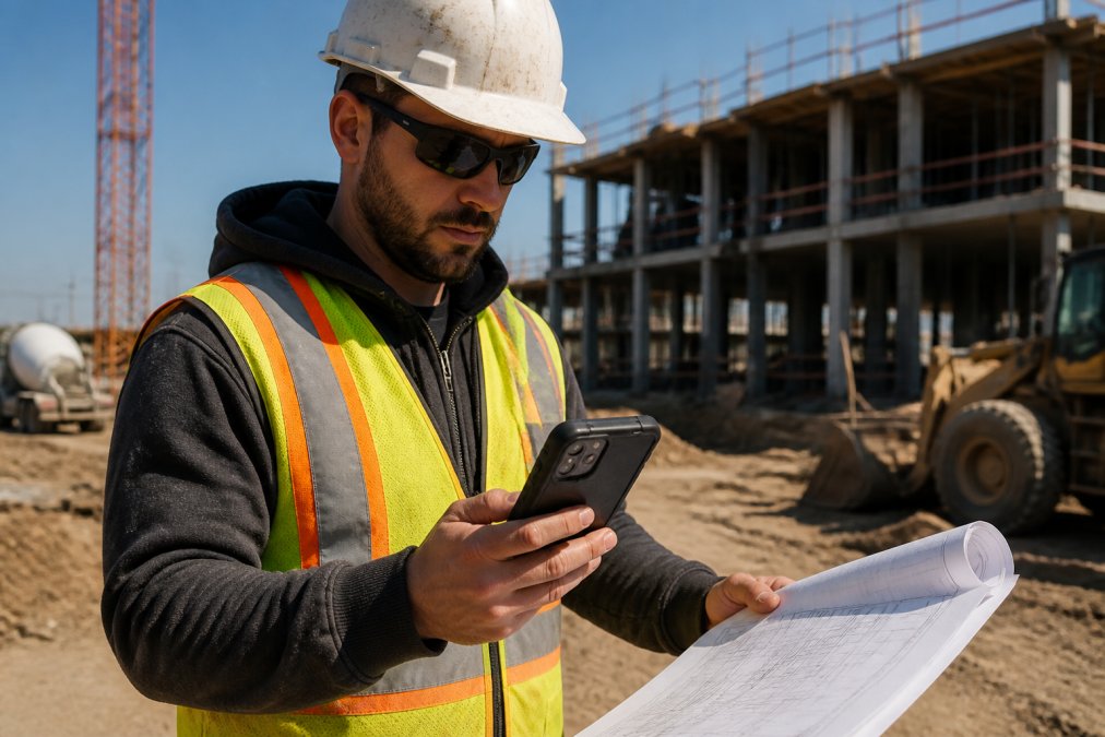 Construction worker in safety gear holding a rugged phone case while reviewing job site plans on smartphone, with dusty outdoor environment and natural daylight