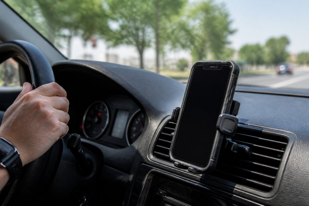 Smartphone mounted securely in vehicle air vent with professional driver's hand visible on steering wheel, clear view of navigation display, daytime driving scene