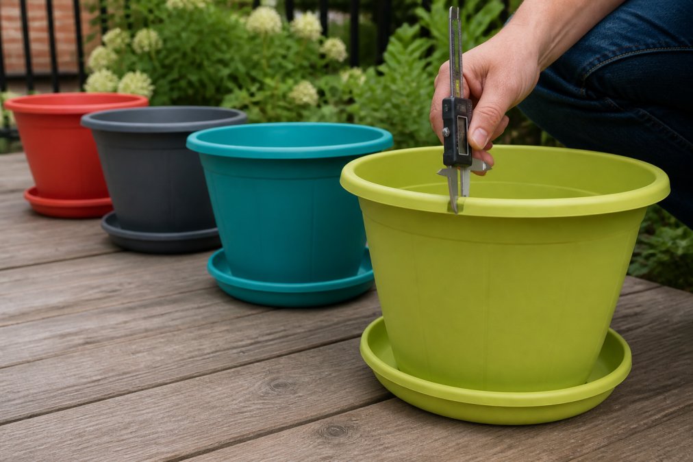 A row of colorful plastic planters with saucers arranged on a wooden patio deck, with a hand checking the thickness of the rim of a lime green planter