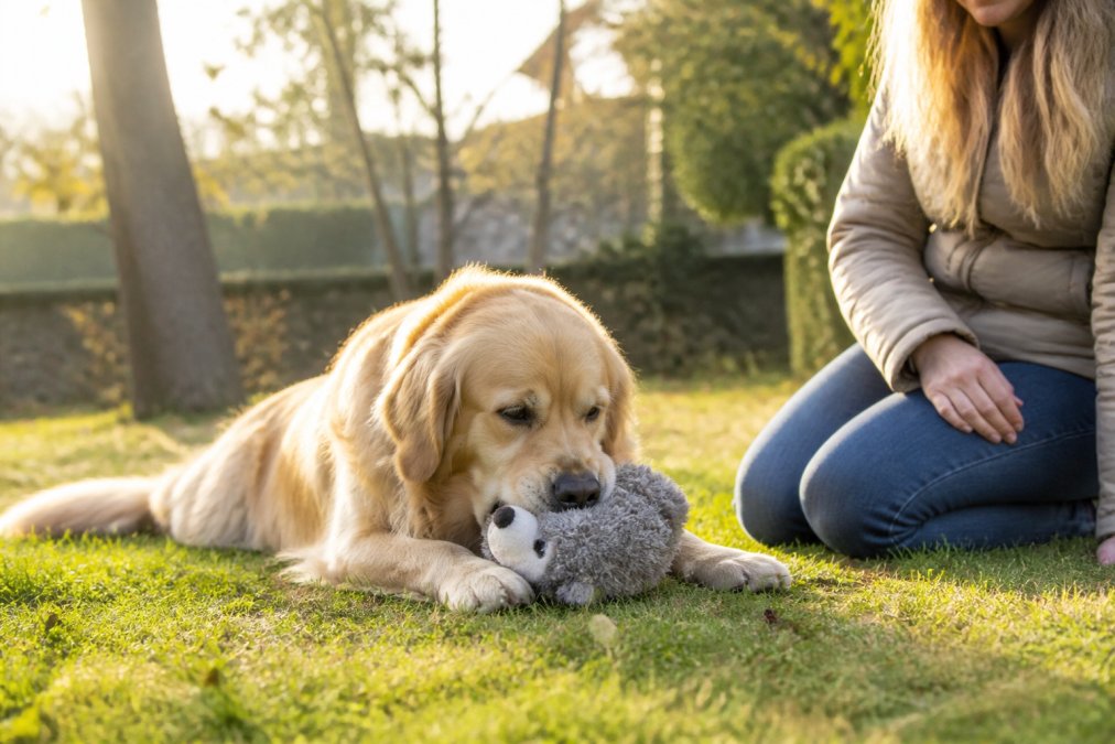 A golden retriever peacefully playing with a durable plush toy during a supervised outdoor session in morning sunlight, showing calm engagement and healthy toy interaction with a person nearby