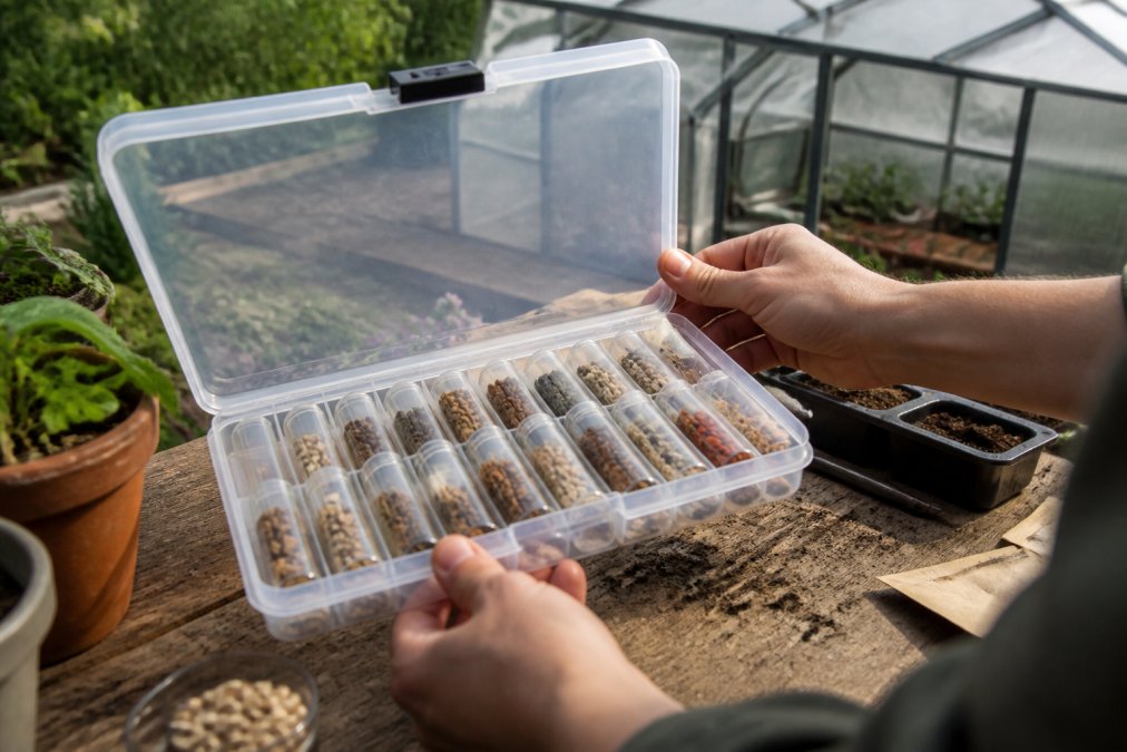 A gardener's hands opening a clear plastic seed storage organizer filled with labeled vials of seeds on a wooden potting bench, with a greenhouse visible in the background