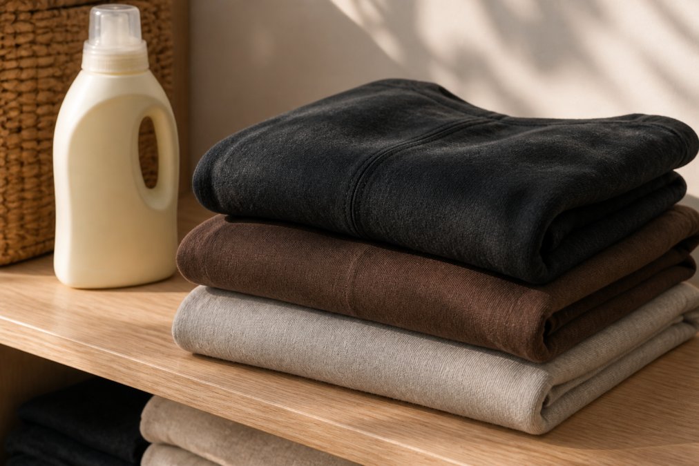 Close-up of folded heavyweight streetwear garments stacked neatly on a wooden shelf, showing rich fabric texture and deep color, with a small bottle of gentle detergent placed nearby on a clean surface in warm natural light