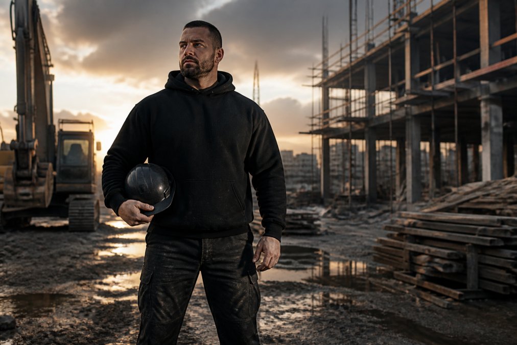 A construction worker in a heavyweight black hoodie and rugged pants, standing confidently on a job site at dawn, holding a hard hat under one arm
