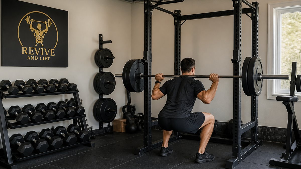 Professional home gym setup with a power rack, organized dumbbell storage rack, and neatly stacked weight plates on rubber flooring, showing quality strength equipment in active use