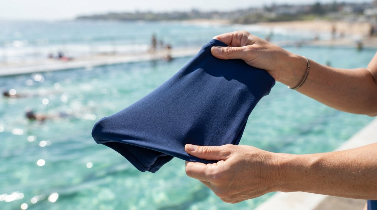 Close-up of a woman's hands stretching a piece of chlorine-resistant swimwear fabric to show its four-way stretch and elastic recovery, with a pool or ocean blurred in the background