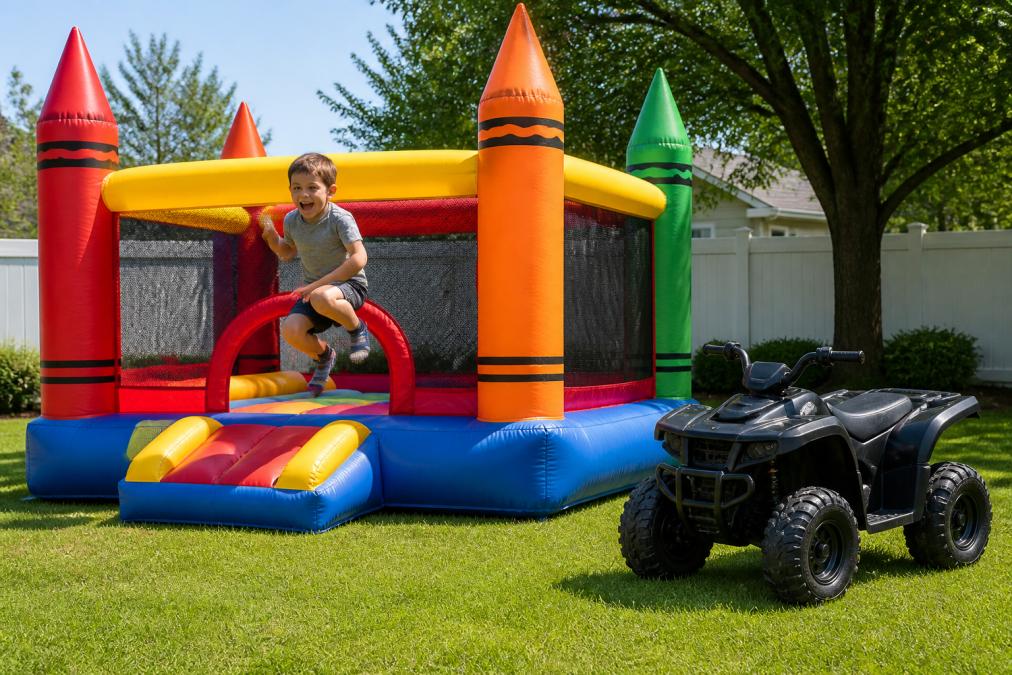 A bright backyard scene with a child gleefully jumping on a colorful crayon-themed inflatable bounce house while a black ride-on ATV sits nearby on the grass under sunny lighting