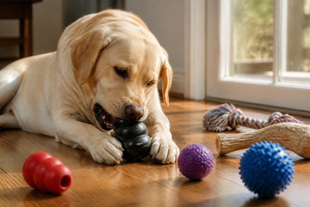 A large Labrador actively chewing on a thick black rubber KONG-style toy on a hardwood floor, other durable chew toys scattered nearby in warm afternoon light