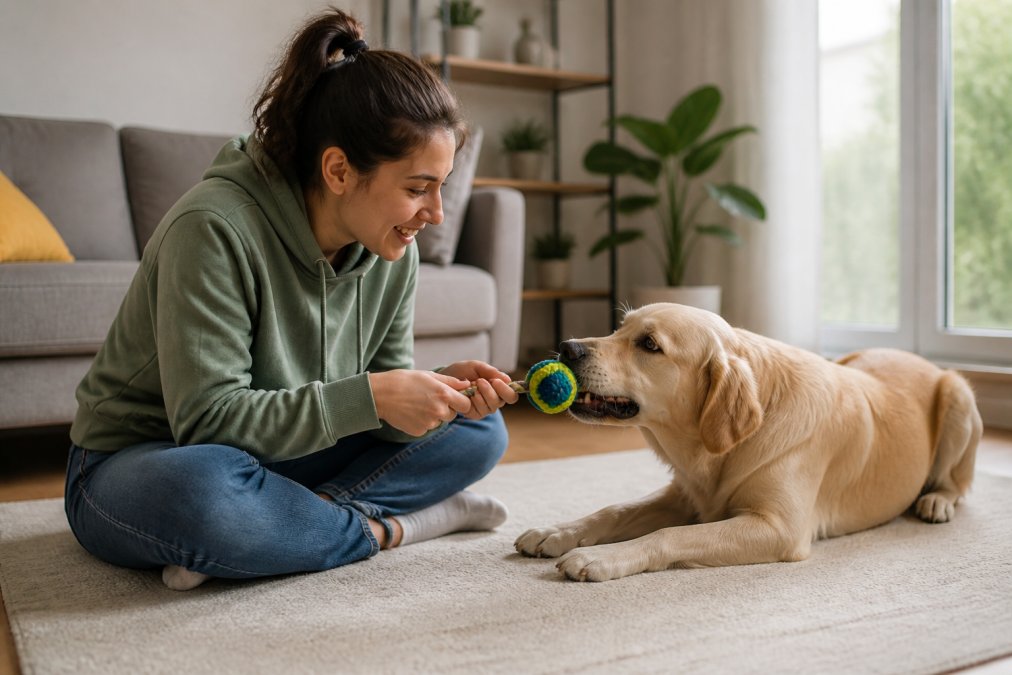 A dog owner sitting cross-legged on a bright living room floor, engaging their focused dog in supervised play with a rope-and-ball toy, warm natural light from a nearby window