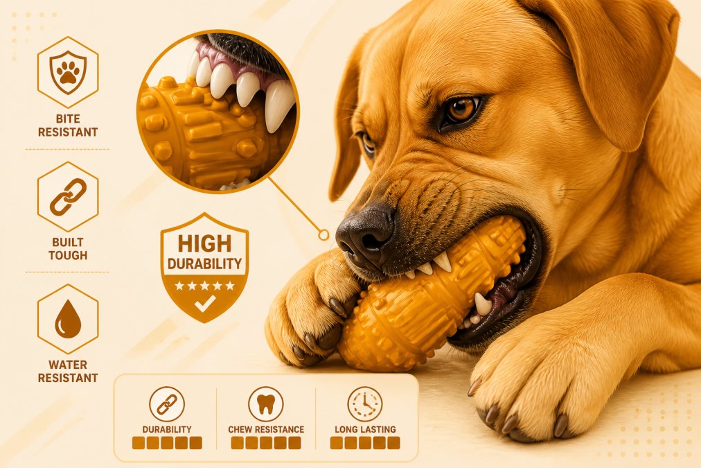Close-up of a large dog actively chewing on a durable rubber toy, showing focused jaw engagement and the toy's resistance to teeth pressure