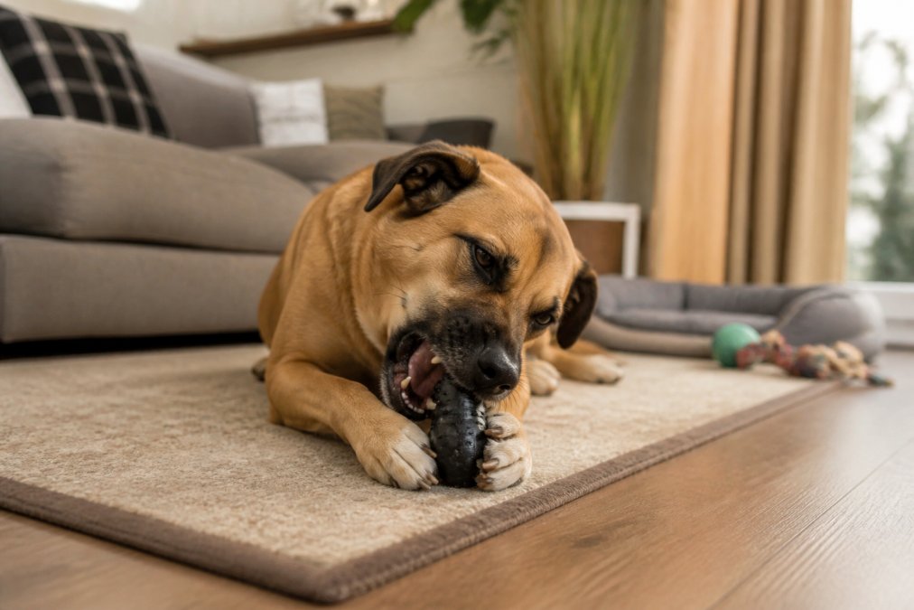 A happy dog contentedly chewing on an appropriate toy indoors, with a relaxed posture and a safe home environment visible in the background