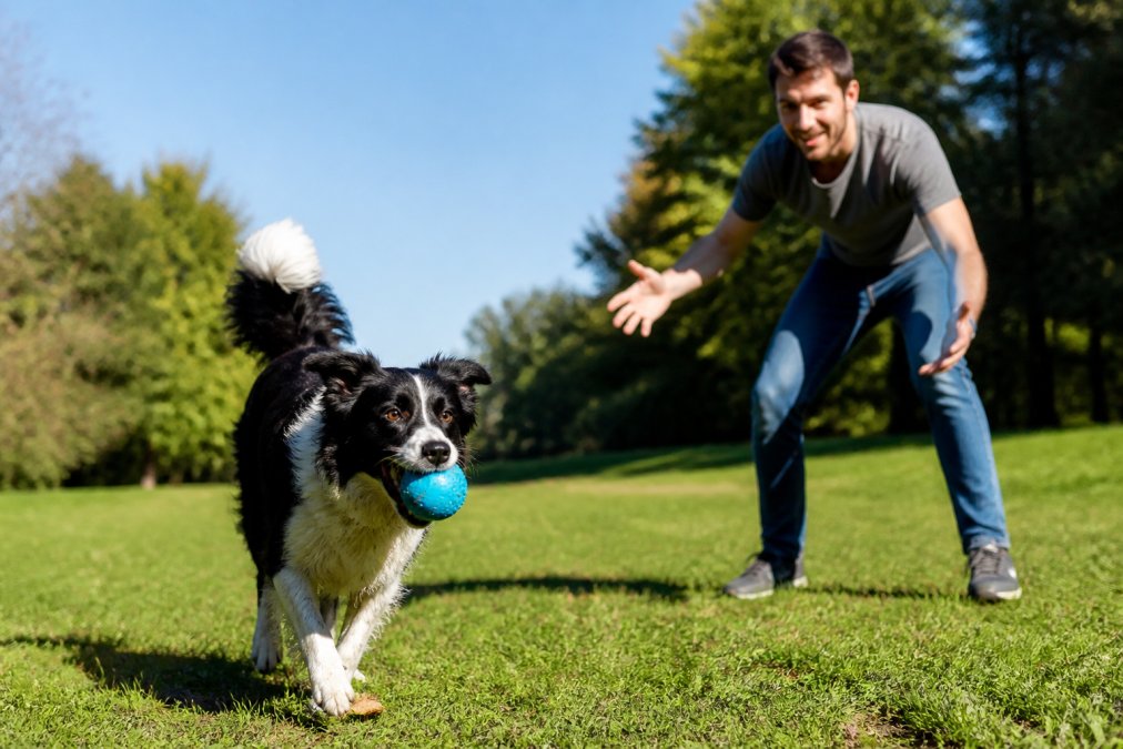 A dog owner outdoors in bright sunlight playing fetch with their dog, both engaged and happy, the dog carrying a durable toy in its mouth while the owner gestures enthusiastically