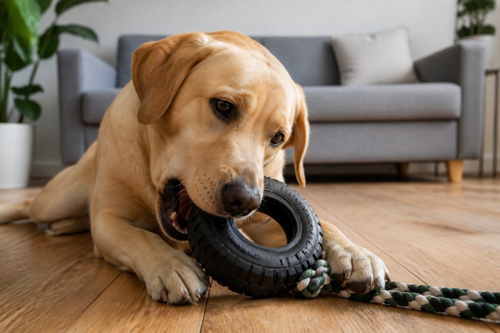 A medium-sized Labrador enthusiastically chewing on a thick black rubber tire toy on a wooden floor in a bright living room, with a rope attachment visible