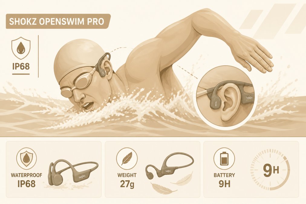 Swimmer performing freestyle stroke with Shokz OpenSwim Pro bone conduction earbuds visible on head, water splashing during mid-lap, showing secure headband fit and comfortable positioning