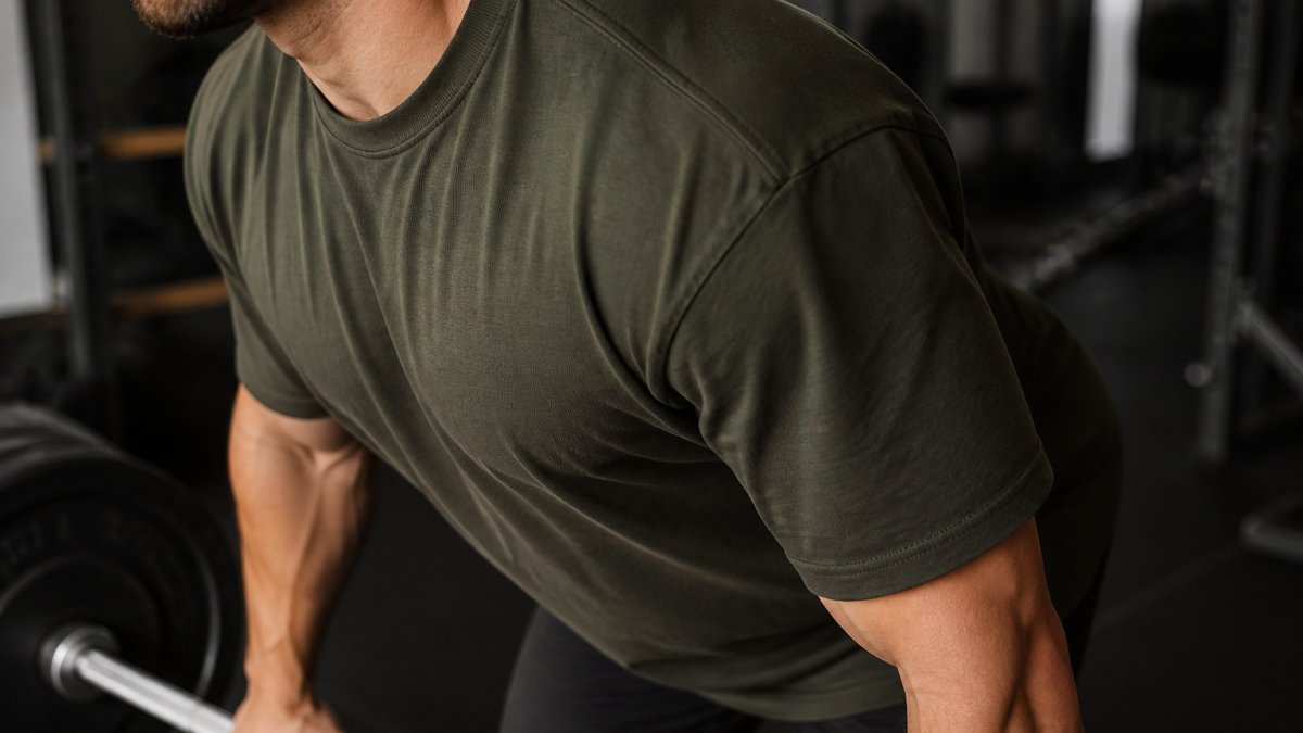 Close-up of a man wearing a heavyweight cotton workout shirt while gripping a barbell in a dimly lit gym, showing fabric texture and shoulder seam detail