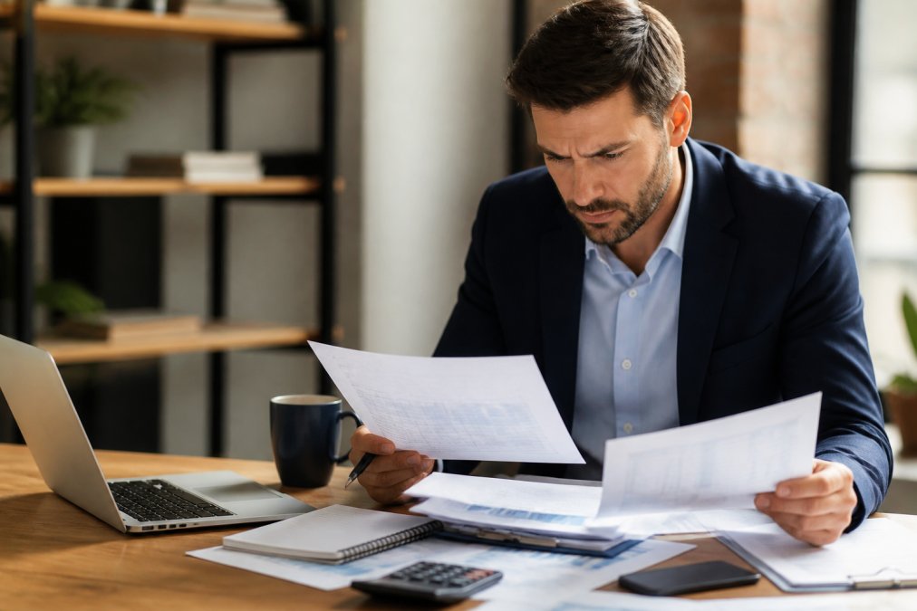 Business owner in professional attire reviewing financial documents and bank statements at a desk with a laptop, analyzing payment processing requirements under warm office lighting