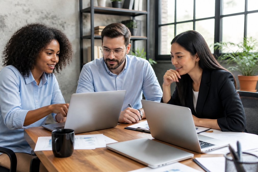 Team of payment processing professionals in business casual attire working together at a modern office desk with laptops and documents, discussing merchant account setup and integration under natural window lighting