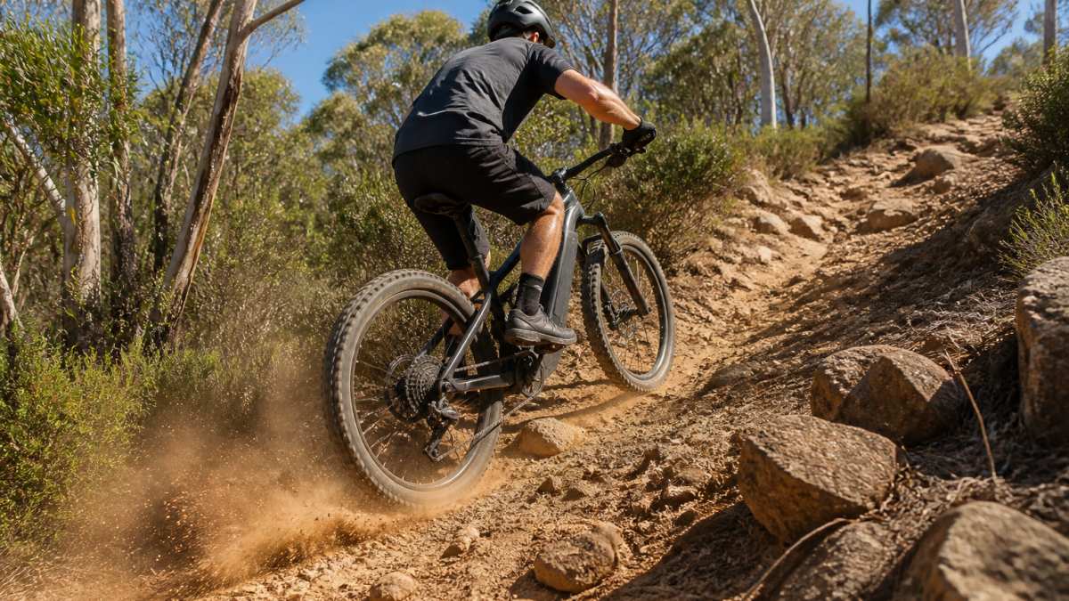 A rider on a full-suspension electric mountain bike climbing a rocky, steep trail in Australian bushland, dust kicking up from the rear tyre as the bike angles into the gradient
