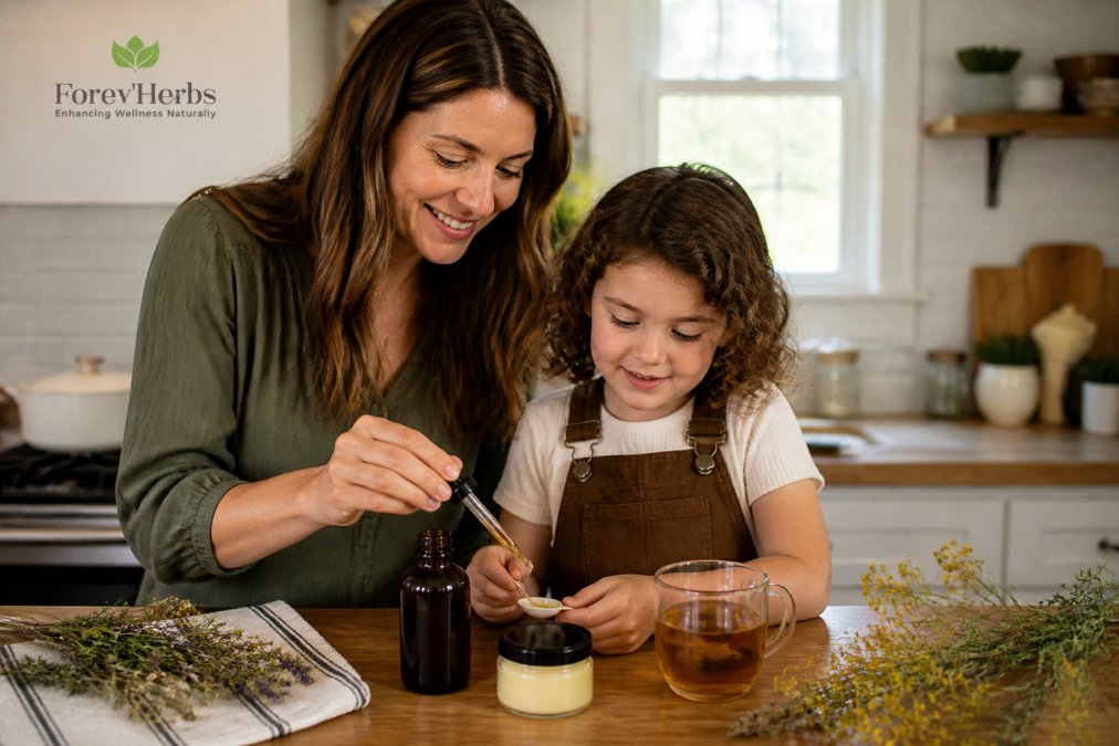 A parent and child in a bright kitchen, measuring elderberry syrup into a small spoon beside a bottle of herbal tea and a jar of chest rub on a wooden counter