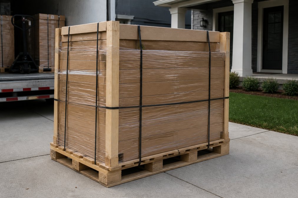 A stack of flat-packed ready-to-assemble cabinet boxes secured on a wooden pallet with protective corner crating and strapping, sitting in a residential driveway during a freight delivery
