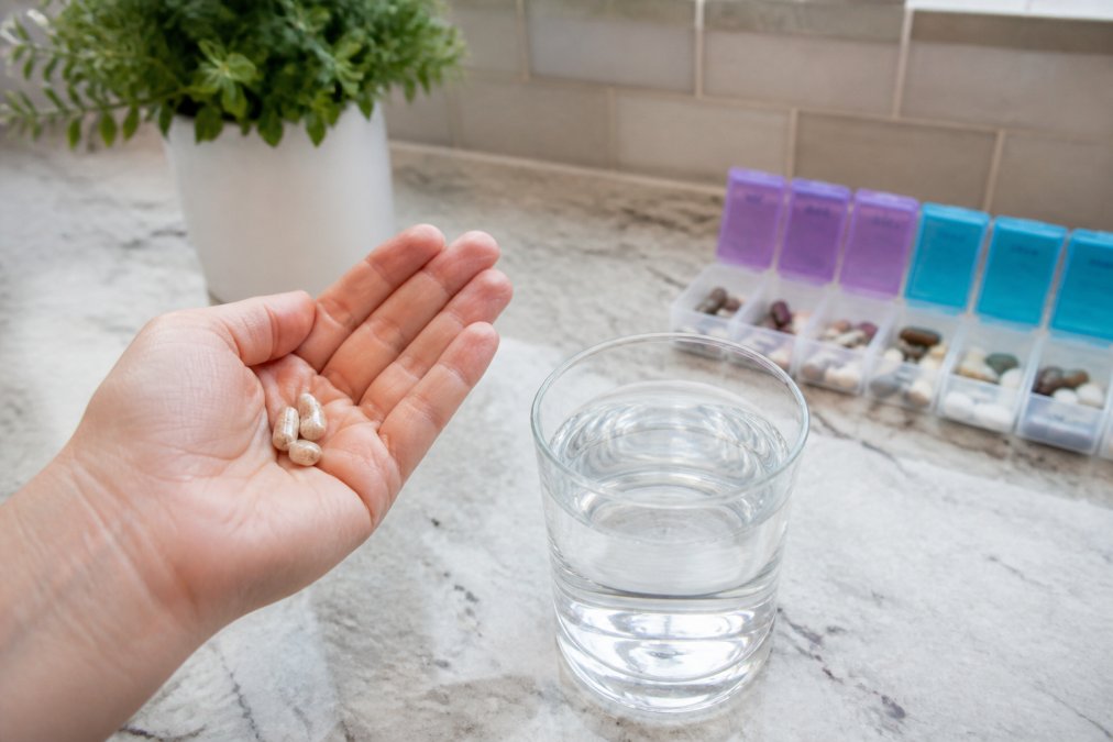 A hand holding three small translucent capsules above a clear glass of water on a bright kitchen counter, with a weekly pill organizer visible in the background showing a post-bariatric surgery patient's daily supplement routine