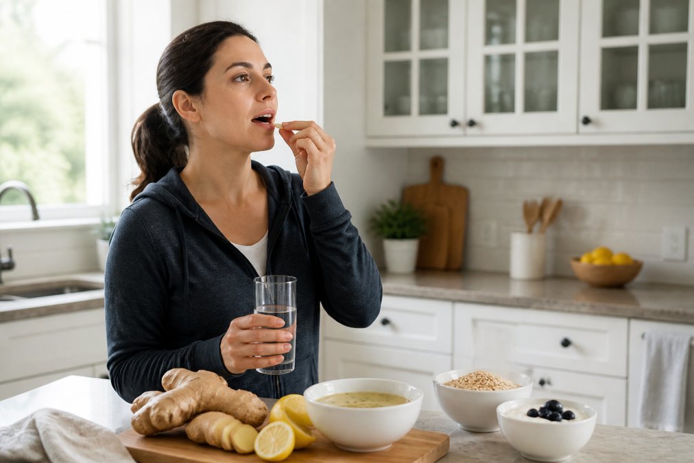 A person in a bright, modern kitchen holding a small chewable tablet near their mouth with a calm, comfortable expression, fresh ginger and digestive-friendly foods visible on the counter nearby