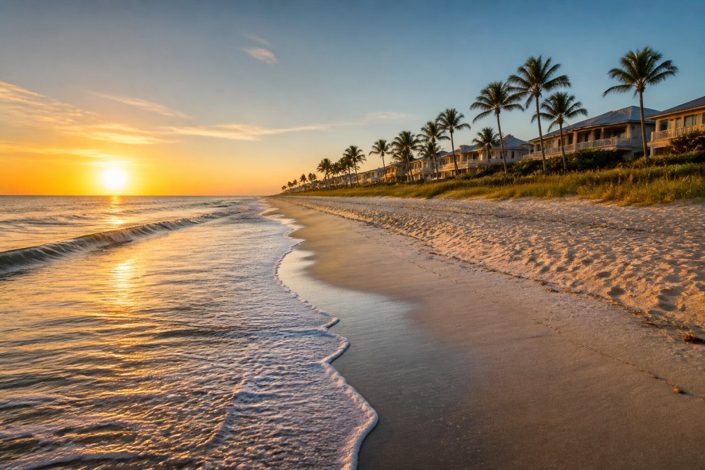 Scenic coastal landscape showing a pristine sandy beach with ocean waves, beach homes in the distance, and golden hour sunlight