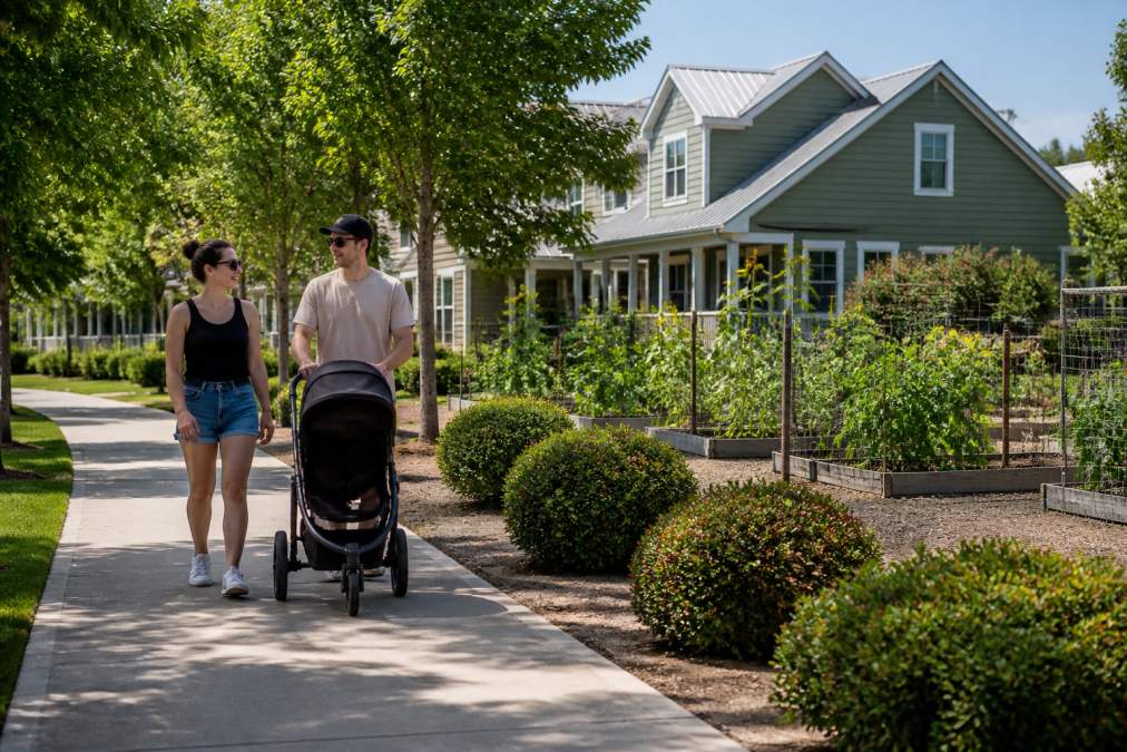 A young family walking with a stroller along a tree-lined sidewalk in a suburban neighborhood with a community garden visible in the background