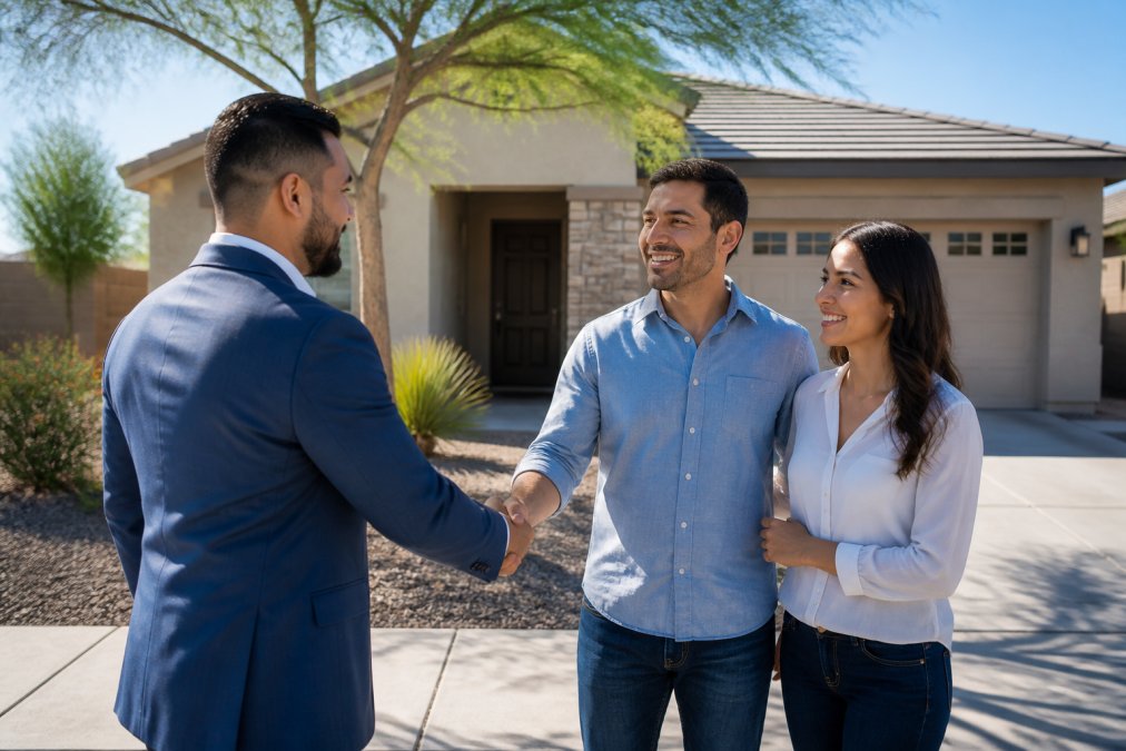 A professional real estate agent in business casual attire shaking hands with a smiling couple standing in front of a modern single-family home in a sunny Arizona suburb, a sold sign visible in the front yard, bright midday light casting sharp shadows on the desert landscaping