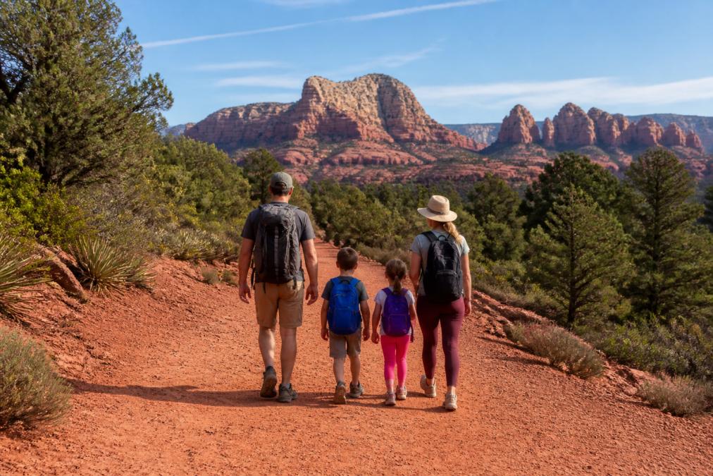 Family walking on one of the best easy hiking trails in Sedona for families surrounded by red rock scenery