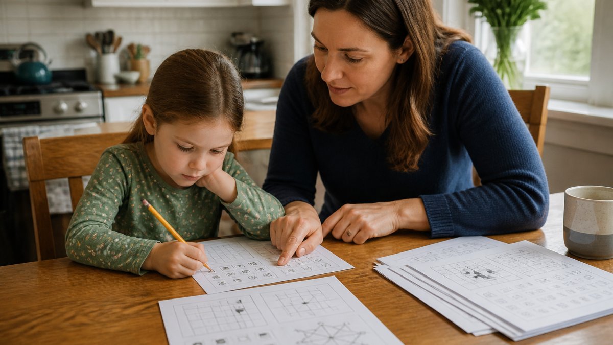 A parent and child sitting at a kitchen table with a tablet and printed worksheets, working through a logic puzzle together, warm natural light