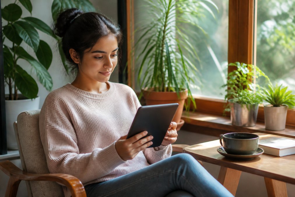 Person reading an ebook on a tablet in a sunlit room with plants and a warm cup of tea nearby, showing peaceful concentration and relaxation