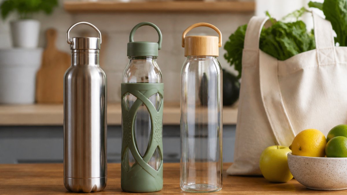 A close-up of three reusable water bottles on a wooden kitchen counter: a stainless steel bottle, a glass bottle with a silicone sleeve, and a bamboo-capped bottle, with a reusable tote bag and fresh fruit in the background