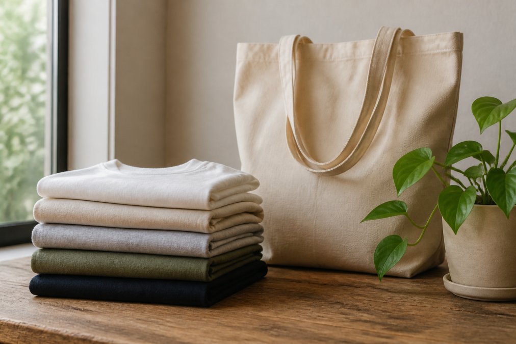 A neatly folded stack of neutral-toned organic cotton t-shirts on a wooden table, with a reusable canvas tote bag and a small potted green plant nearby, all bathed in soft, natural window light
