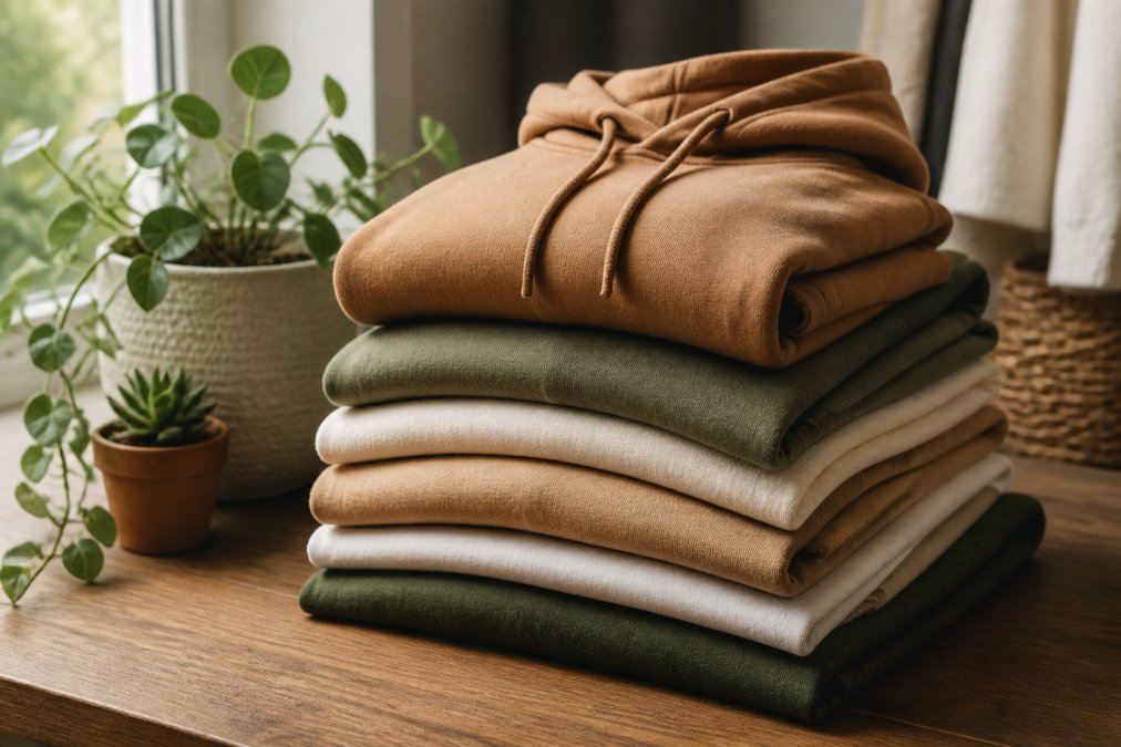A neatly folded stack of earth-toned organic cotton hoodies and t-shirts on a wooden table, soft natural light from a window, cozy and inviting atmosphere