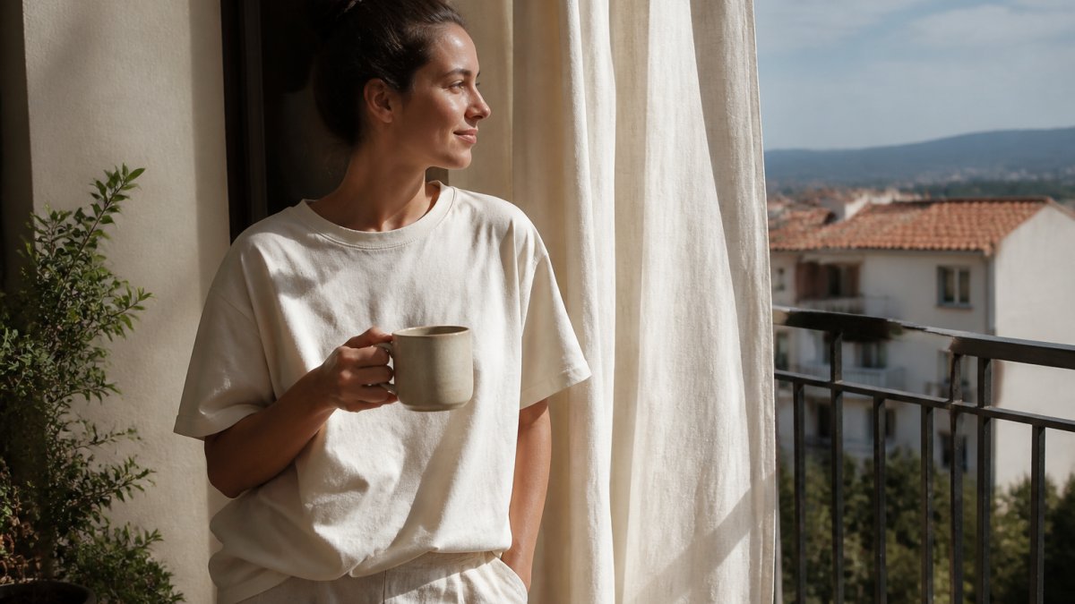 A person wearing a relaxed eco-friendly t-shirt and holding a ceramic mug of coffee on a sunlit balcony, with linen curtains and a small plant nearby