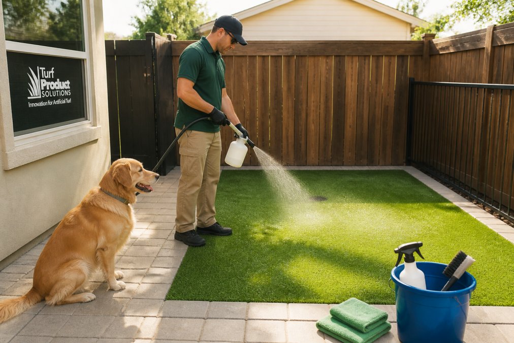 Person using an eco friendly artificial grass cleaner on a backyard dog run while a dog watches from the patio