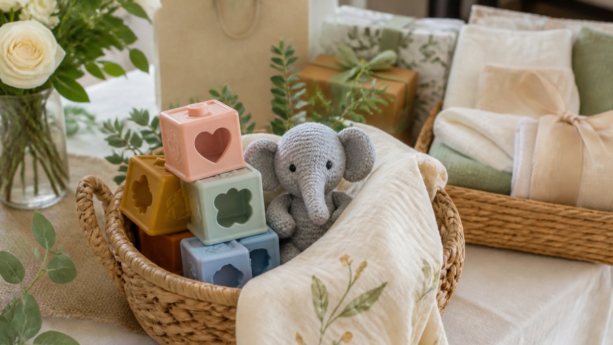 A gift table at a baby shower with a woven basket holding pastel silicone nesting blocks, a muslin comforter and a knitted elephant toy, soft natural light