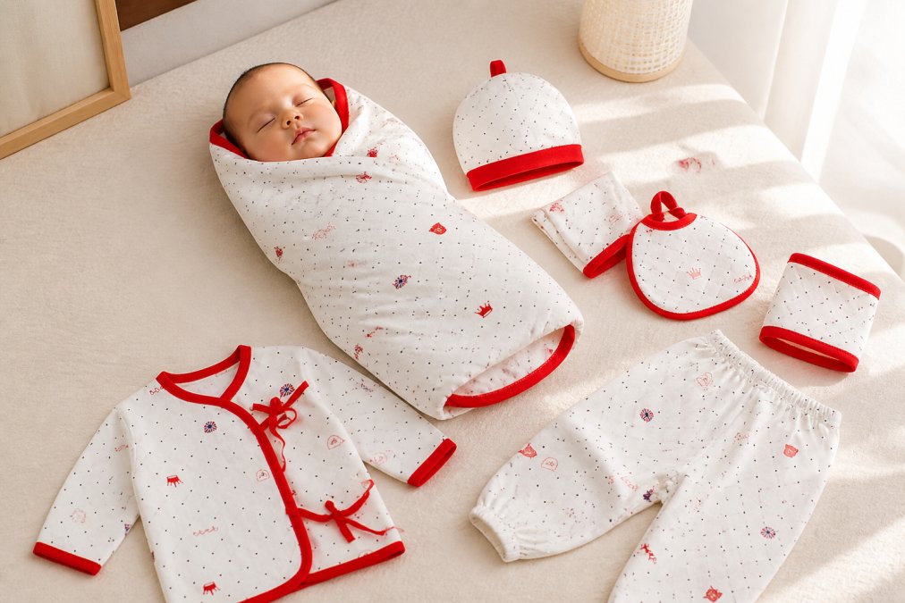 A newborn baby peacefully swaddled in soft organic cotton clothing on a light, neutral-toned nursery surface with warm natural window lighting