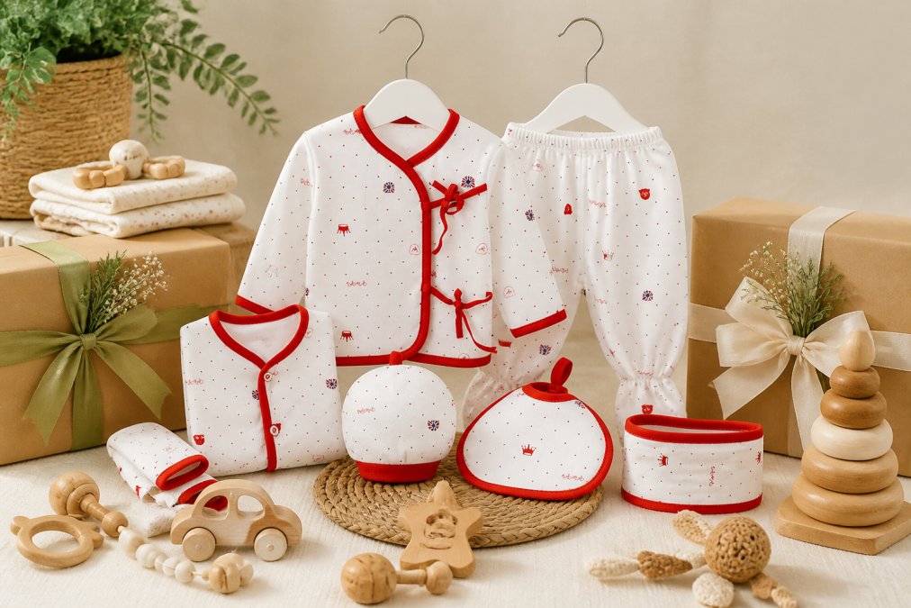 A thoughtfully arranged collection of eco-friendly baby gifts displayed on a neutral cream background, including wrapped organic cotton clothing, natural rubber teethers, wooden toys, and bamboo items, styled for gifting