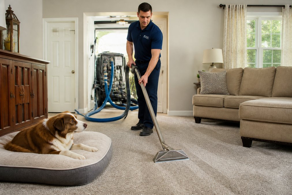 A professional cleaner in a residential living room using a truck-mounted machine on a carpet, with a relaxed dog watching from a nearby bed