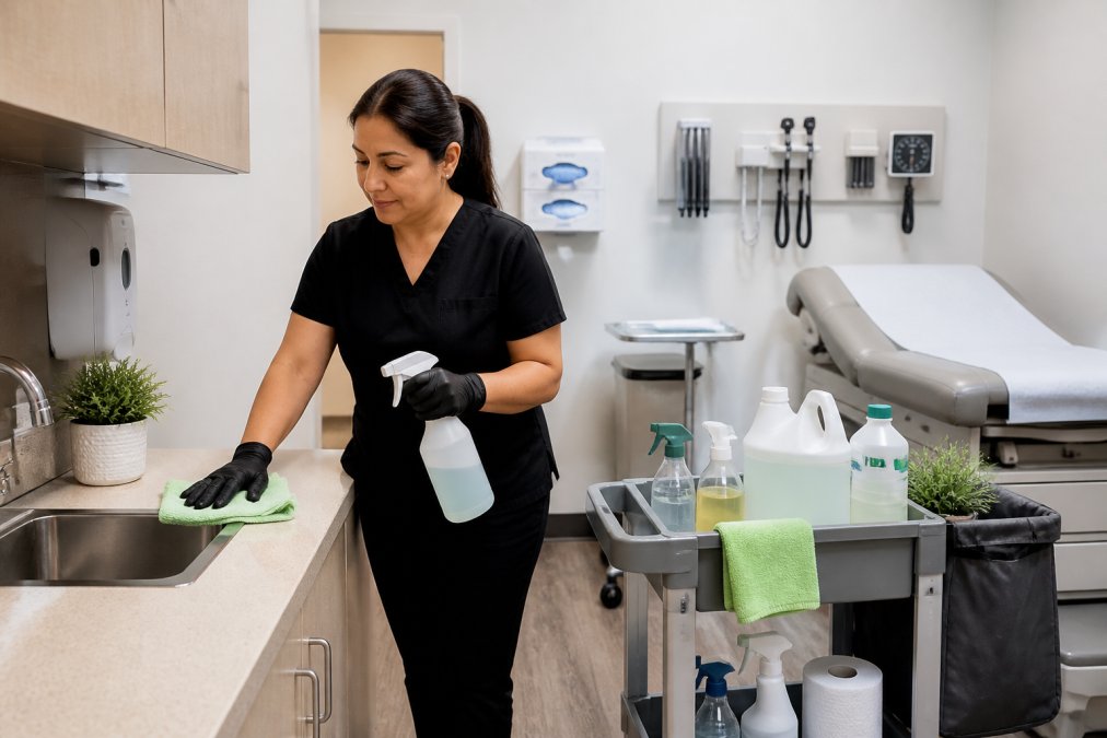 Cleaning technician using eco-friendly cleaning supplies to sanitize a medical exam room counter
