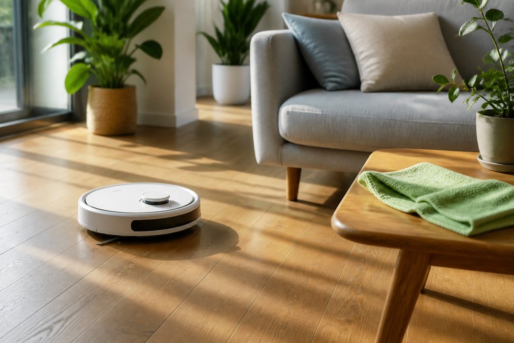 Infographic illustrating a routine for eco-friendly cleaning with a robot vacuum and sustainable supplies in a home.